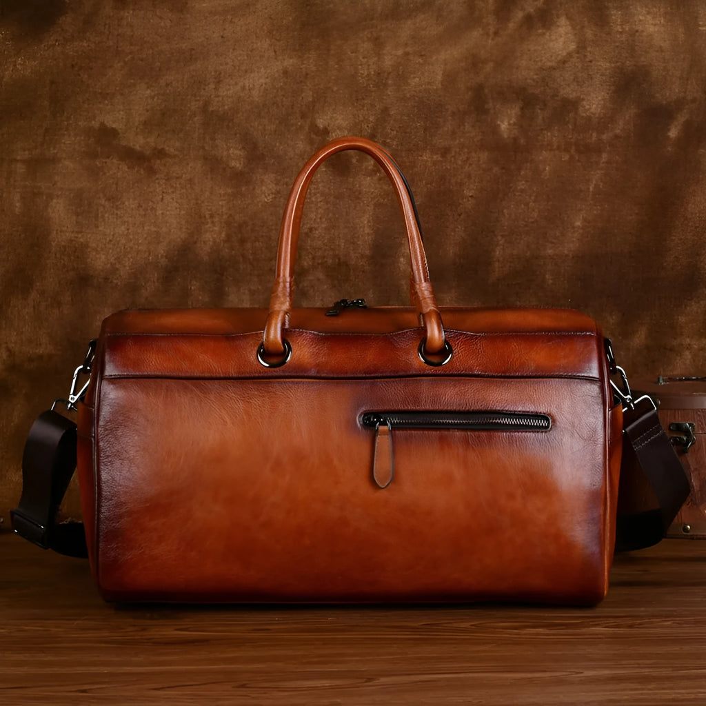Handmade retro leather bag in vintage brown with first layer cowhide construction and below 20L capacity