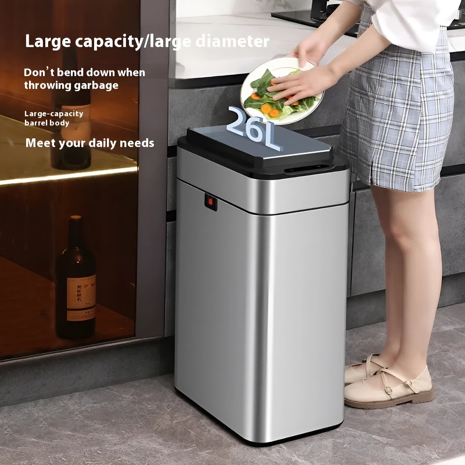 Square stainless steel inductive smart trash can with sensor lid.
