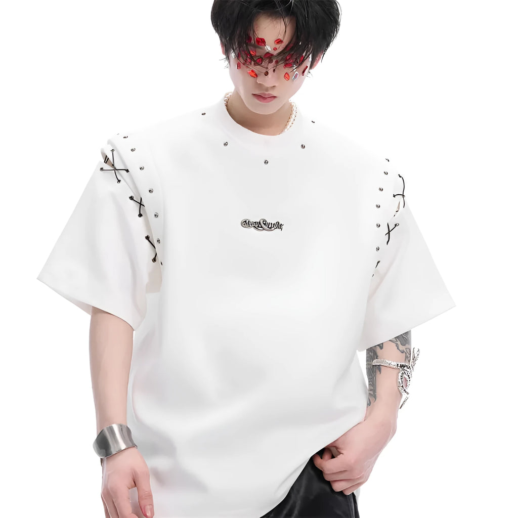 Men's black short sleeve t-shirt with lace-up front detail and cutout side panels