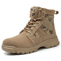 Khaki coloured high-top suede safety boots with steel toe cap and front lace-up closure on a rubber sole.