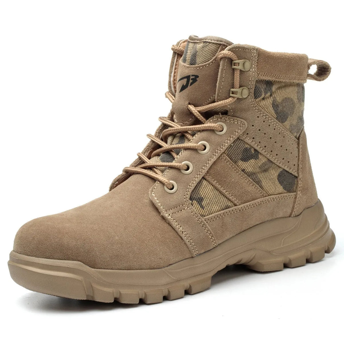 Khaki coloured high-top suede safety boots with steel toe cap and front lace-up closure on a rubber sole.