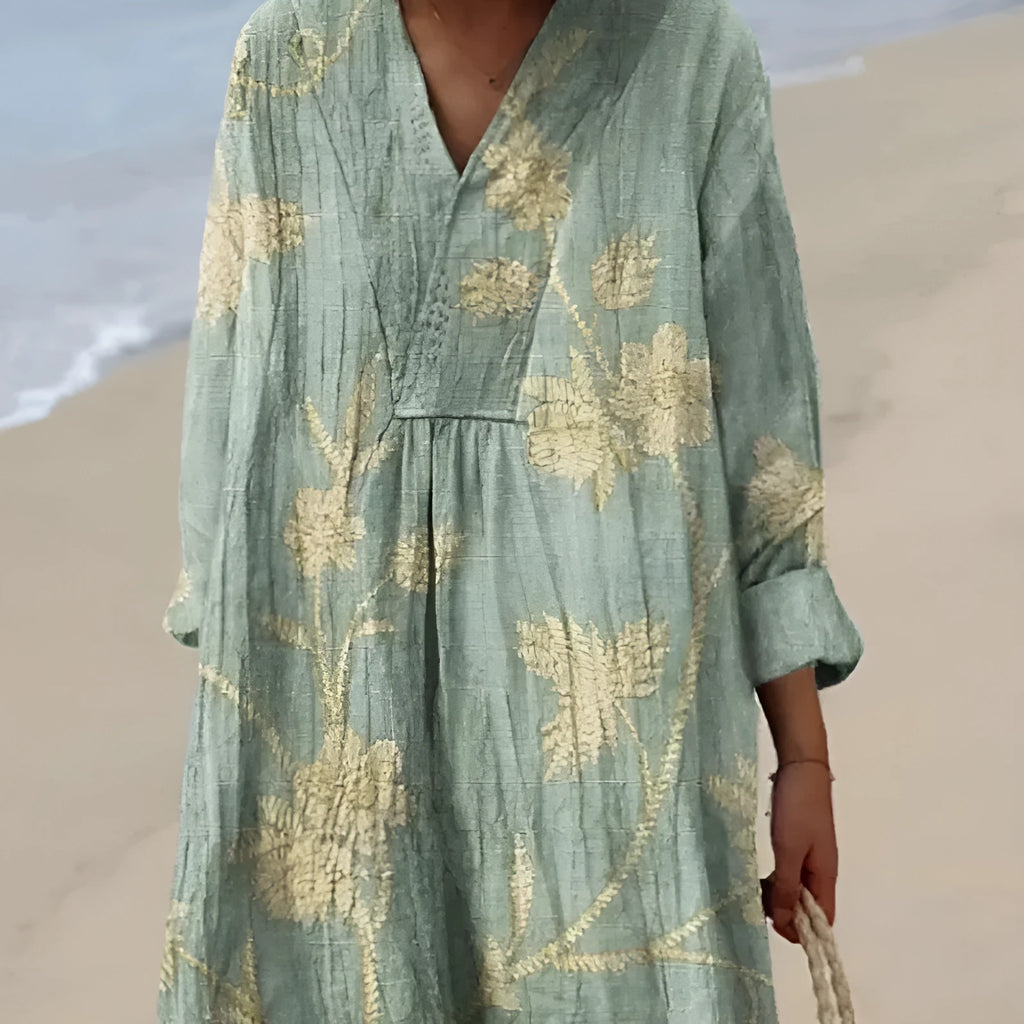 Women's long floral 3D printed shirt dress with wide waist and regular sleeves.
