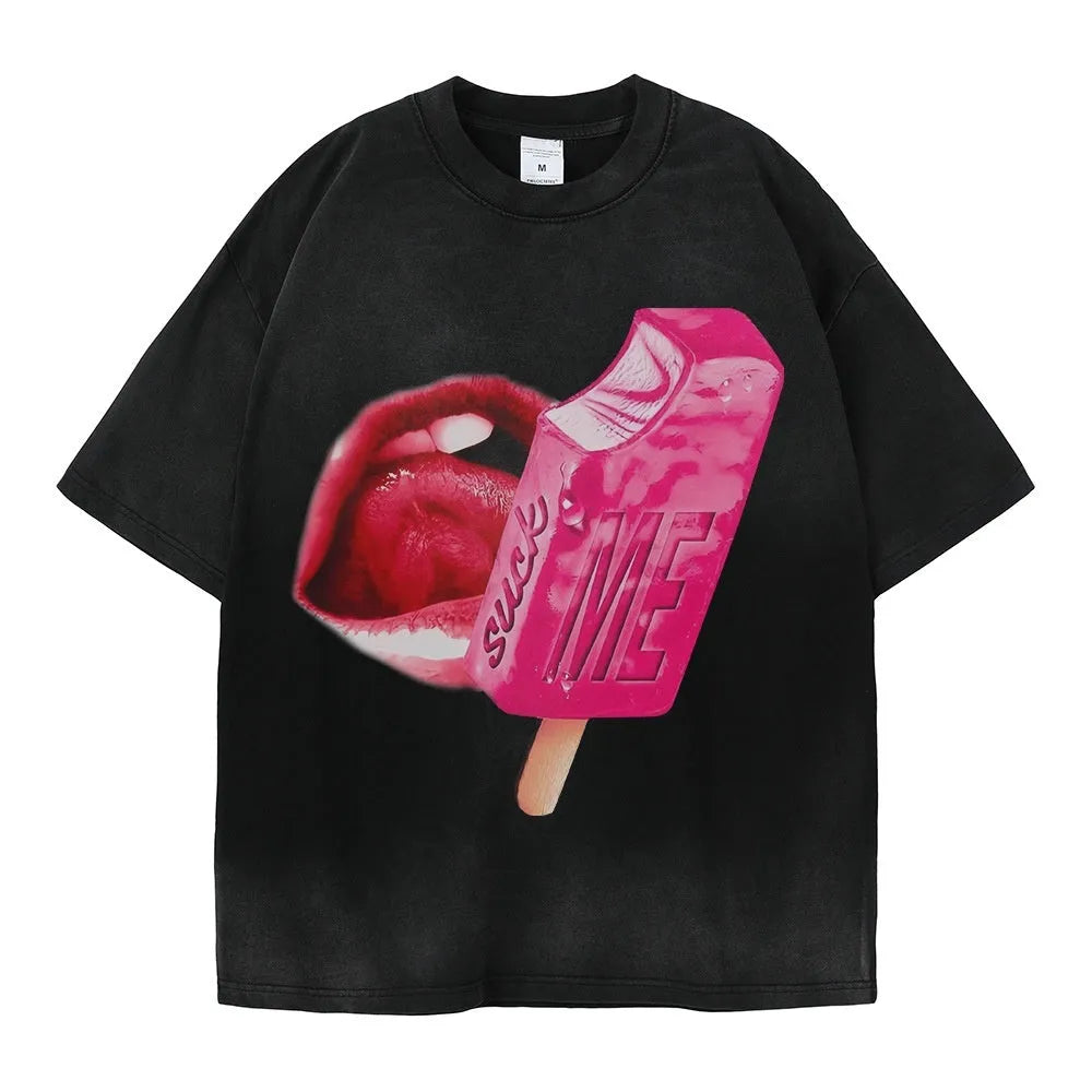 Black heavy washed short-sleeved t-shirt with cartoon pattern and loose fit for men and women