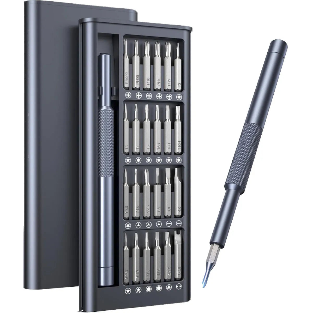 25-in-one magnetic precision screwdriver set with chrome vanadium steel shaft and black ABS handle.