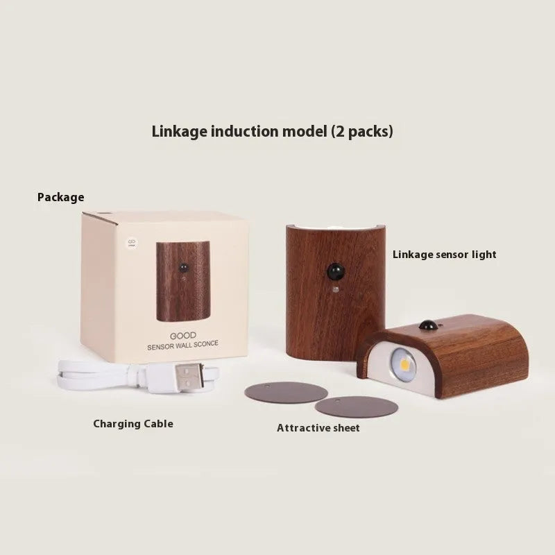 Solid wood pattern human body induction LED light, 73x56x28mm, warm white 2700K to 3000K, Beech or Sapele linkage option