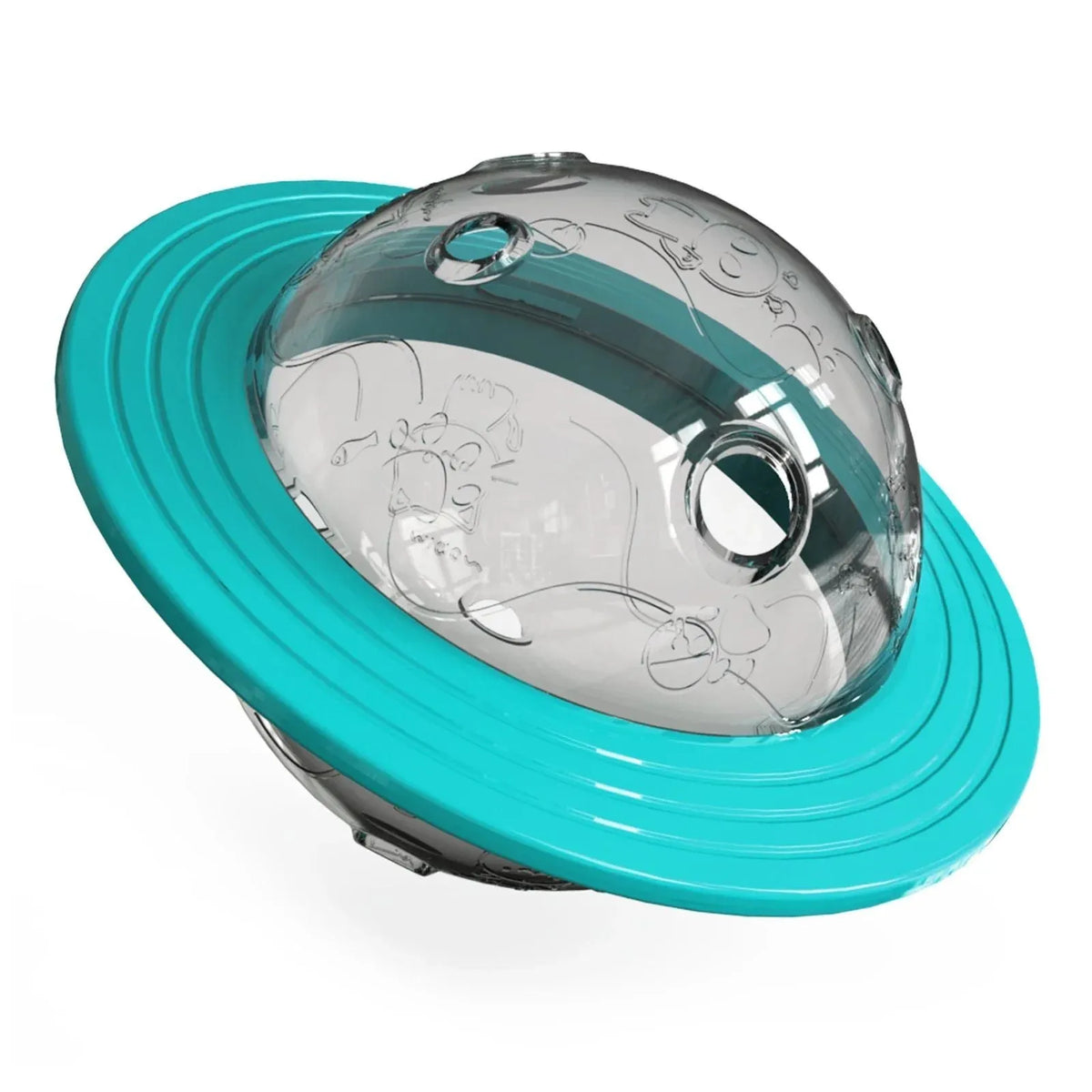 Interactive dog treat ball in blue or yellow with transparent lid for food dispensing and training