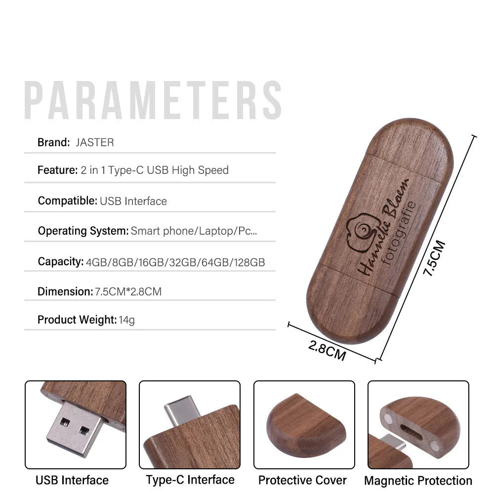 Maple wood USB flash drive with TYPE-C connector showing wooden construction and dual interfaces
