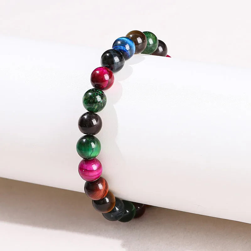 Colourful tiger-eye stone bracelet with mixed 6mm, 8mm, 10mm, 12mm beads on string