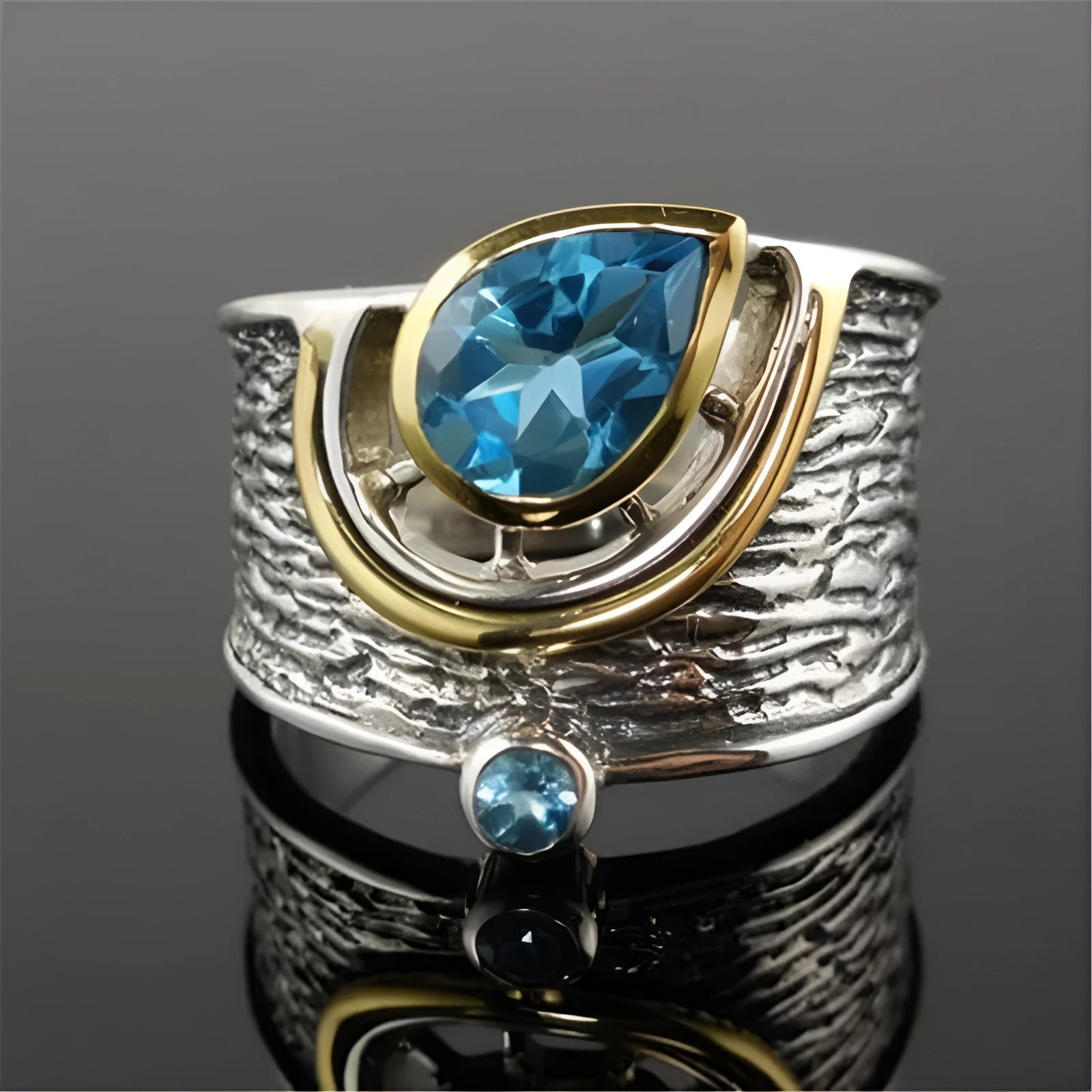 Women's creative Chinese style alloy ring with a drop-shaped inlaid blue rhinestone zircon.