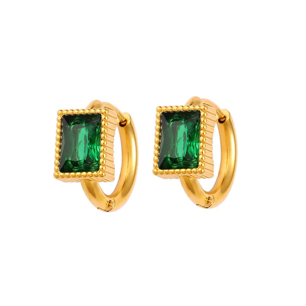 Geometric square zircon stud earrings with a round ring element on stainless steel, in white, black, or green.