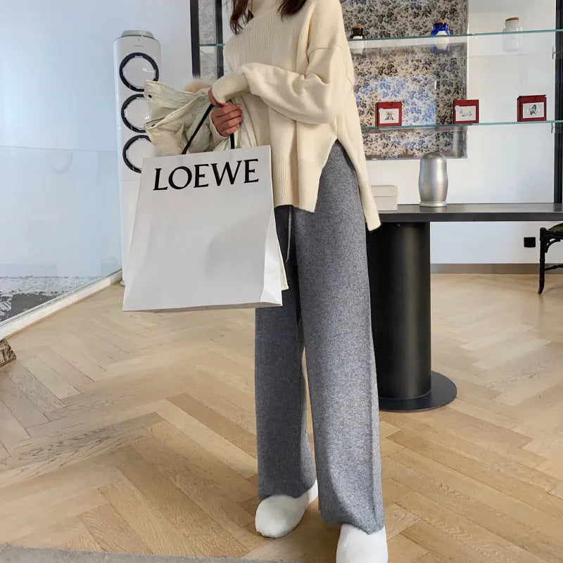 Women's knitted wide-leg trousers in black with high waist and straight-leg design for autumn winter casual wear