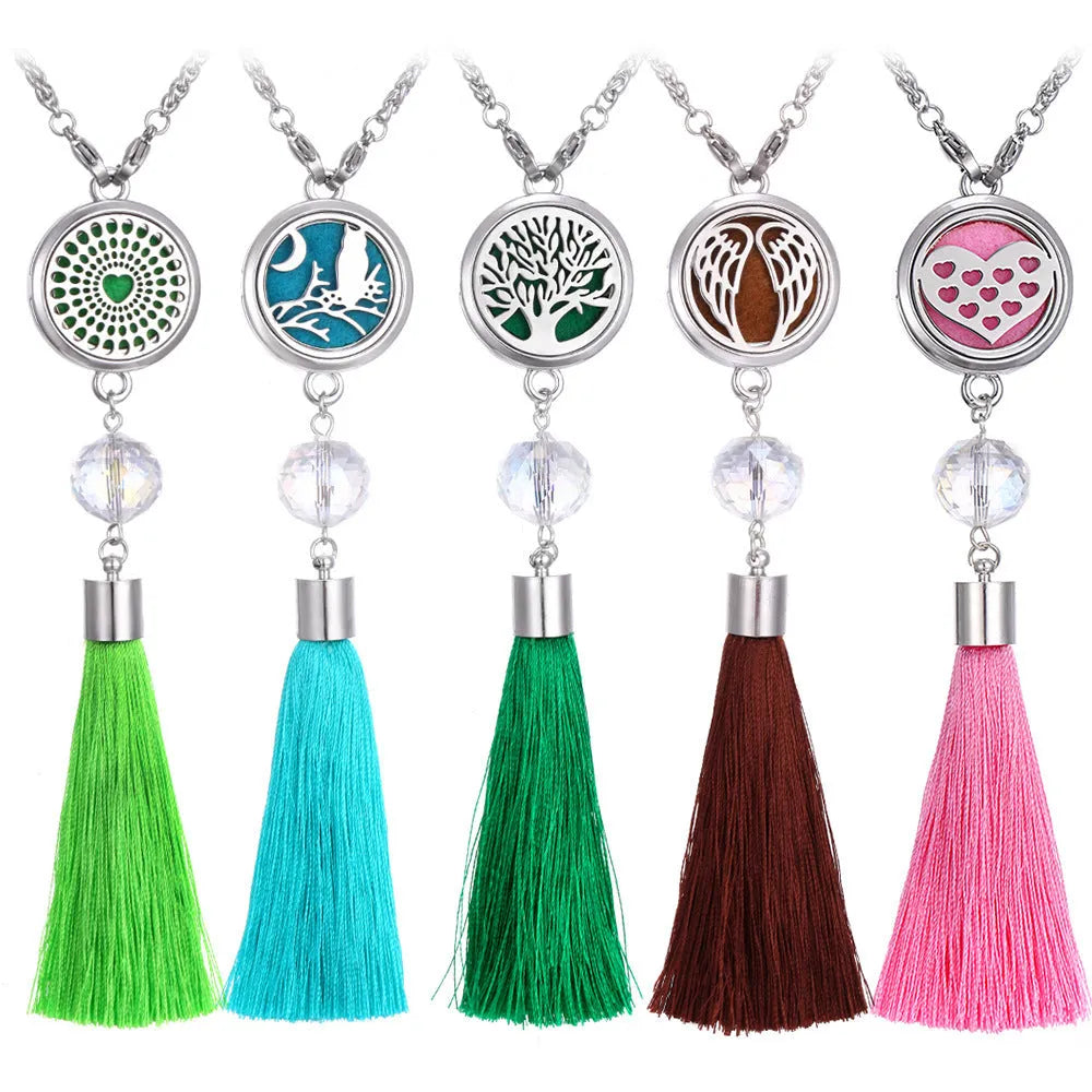 Alloy tassel car pendant with long chain hanging, showing decorative box detail.