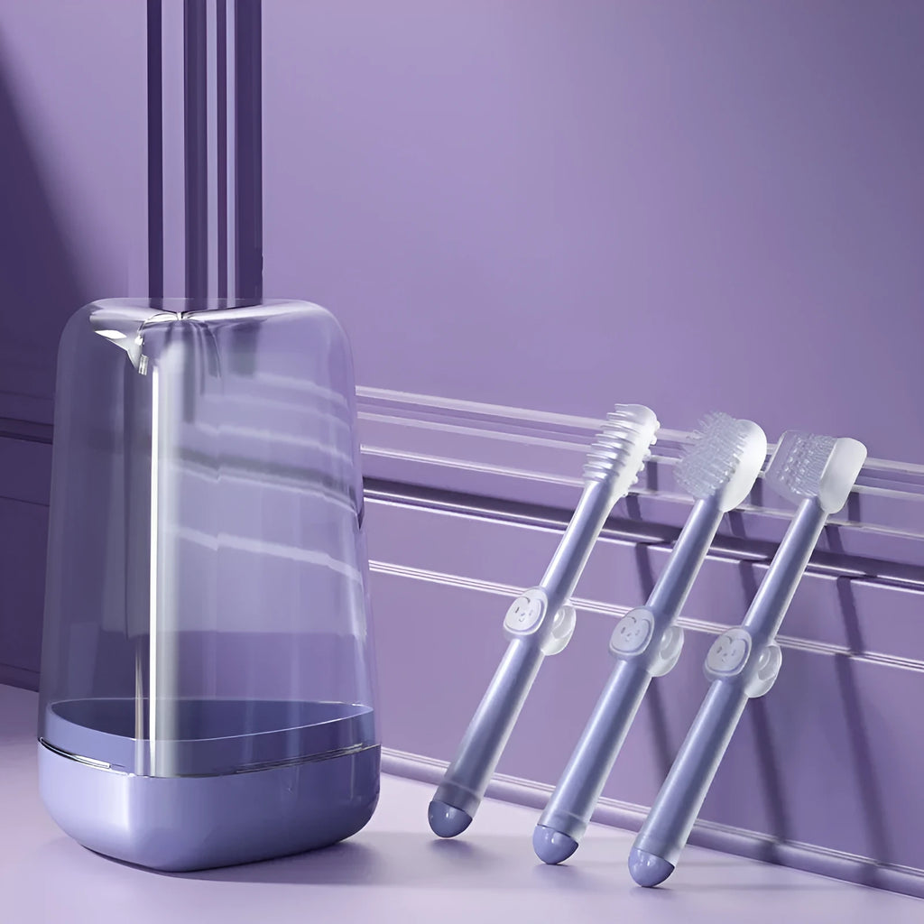 Purple silicone toothbrush for cleaning dog and cat teeth.