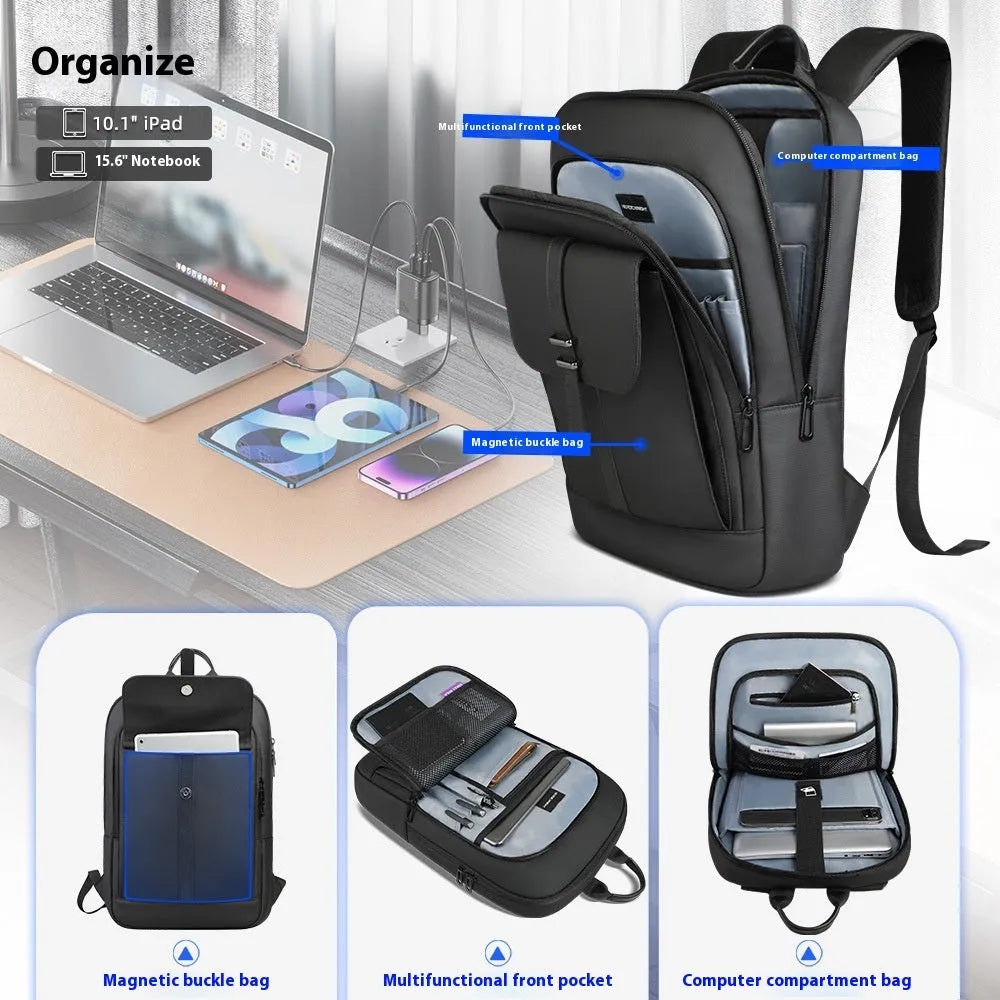 Black urban commuter backpack with Oxford cloth construction for business travel