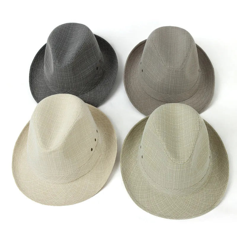 A classic fedora hat for men in thickened suit material, shown in a neutral colour on a stand.