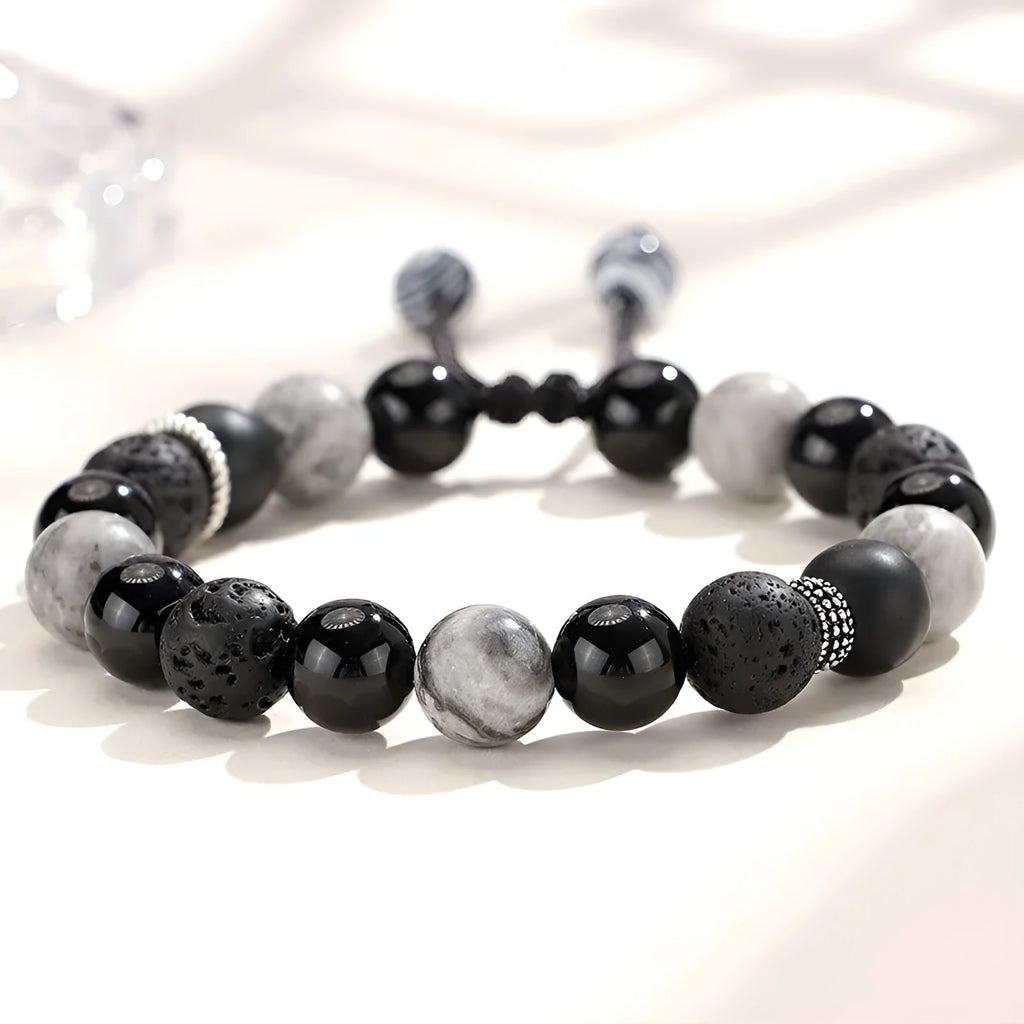 Black agate map stone and volcanic rock bracelet in diamond shape, showing 8mm and 10mm size options.