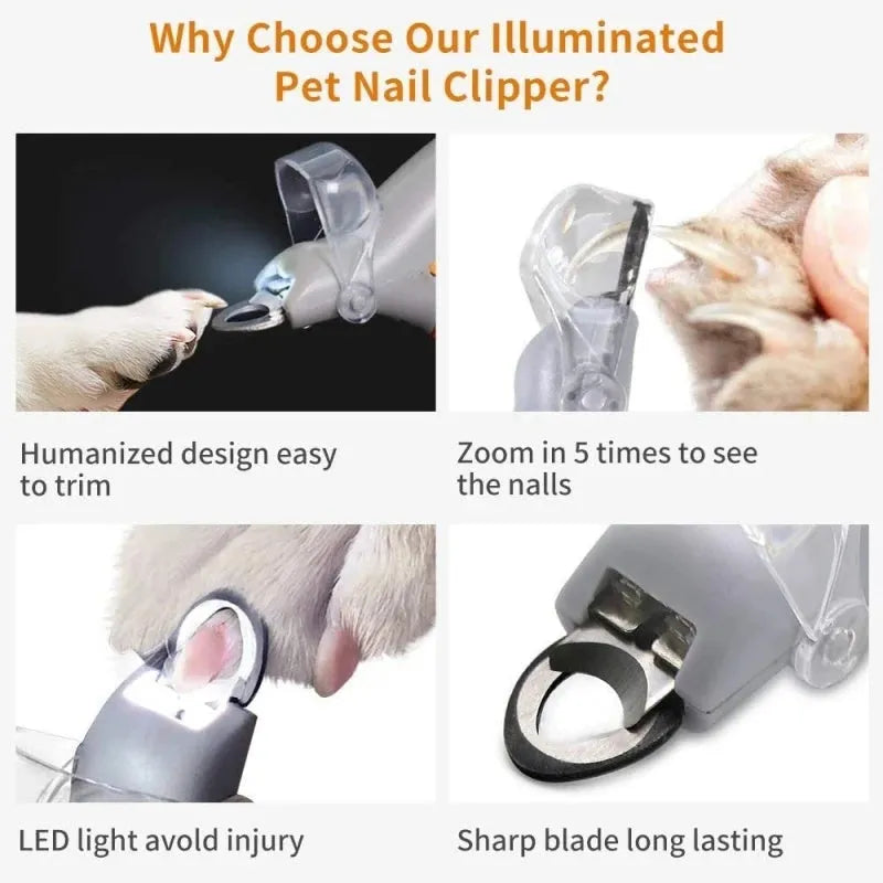 Yellow pet nail clipper with LED light and magnifiable lens for dog and cat grooming