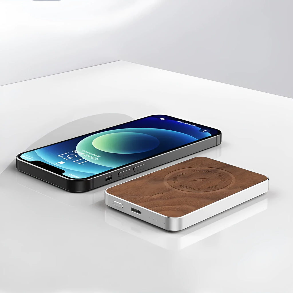 Khaki magnetic wireless charging bank with 5000mAh capacity measuring 102mm x 63mm