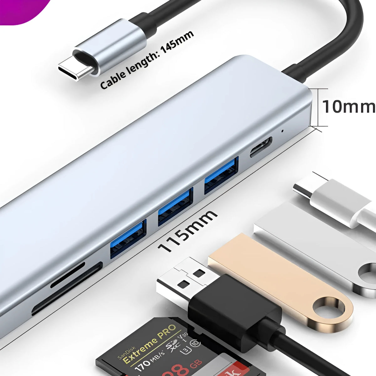 USB-C to seven-port expander hub with short 0.145m integrated cable