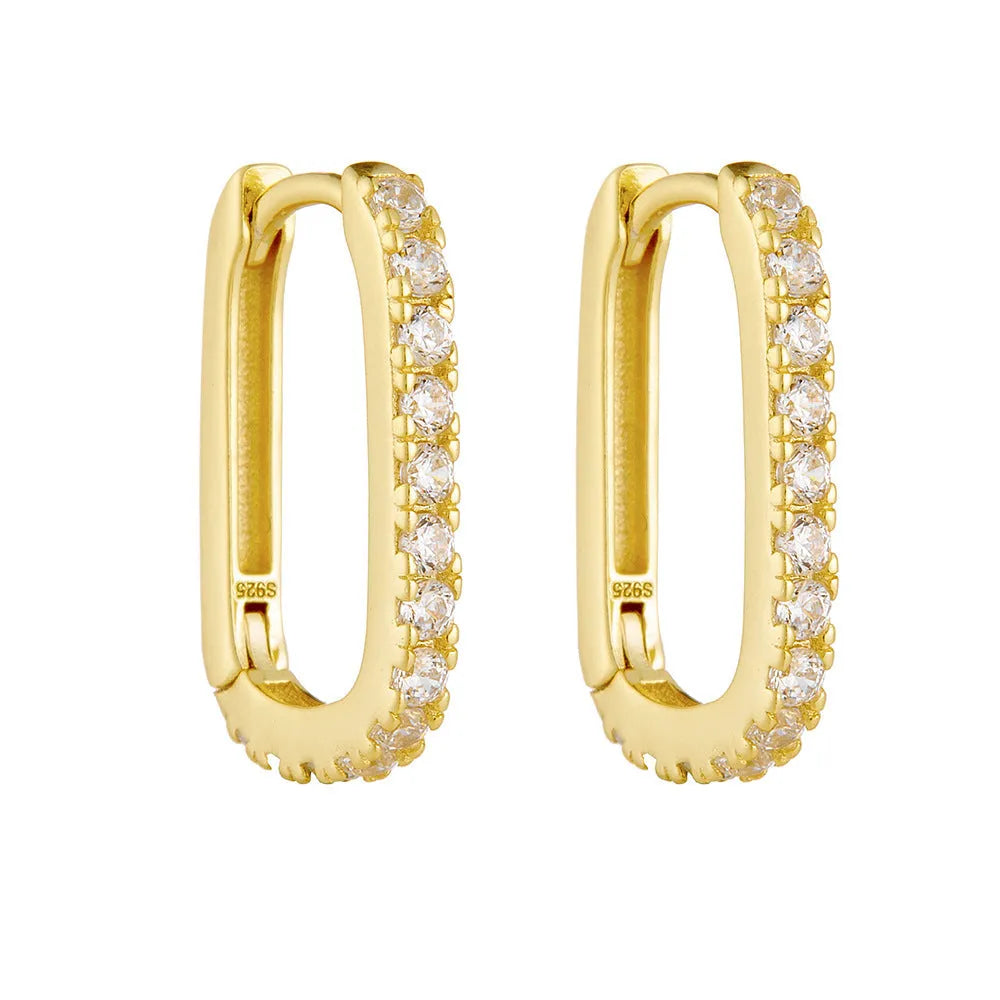 S925 sterling silver oval zircon earrings with geometric design and ear clip backings