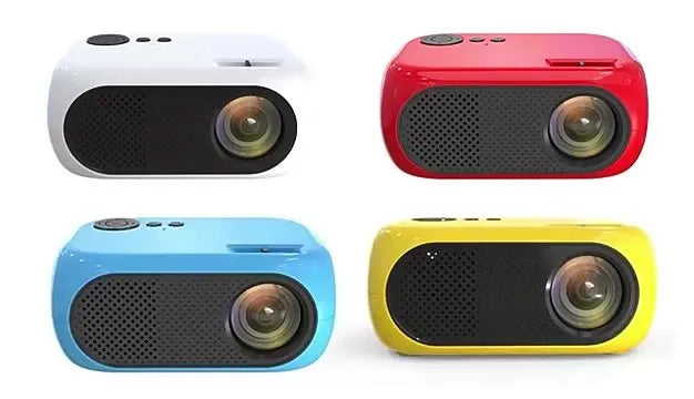M24 portable mini projector in gold colour with compact 190mm design and AV cable