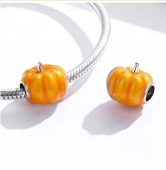 Silver pumpkin bead with yellow drip oil finish for Halloween jewellery making, single scattered bead