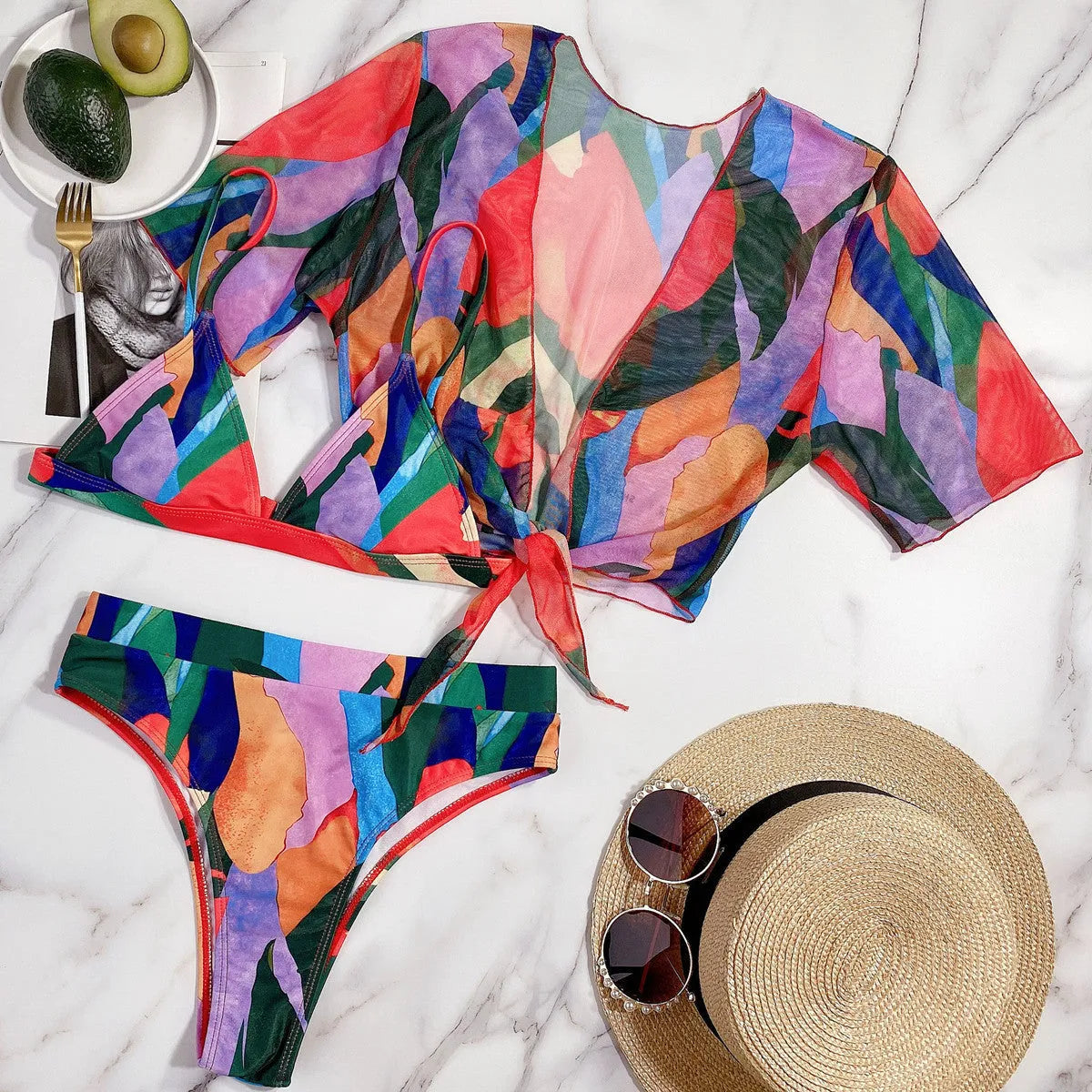 Red women's printed split swimsuit with European style pattern for swimming and water sports