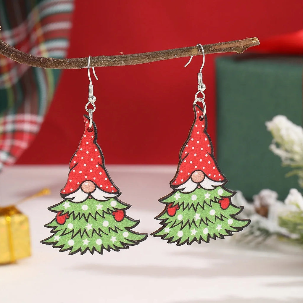 Wooden Christmas earrings with printed Santa Claus designs in Christmas Tree and Snowman styles