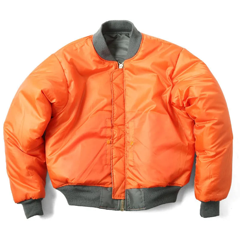 Men's army green American workwear style cotton-padded nylon jacket with a loose fit on a hanger.