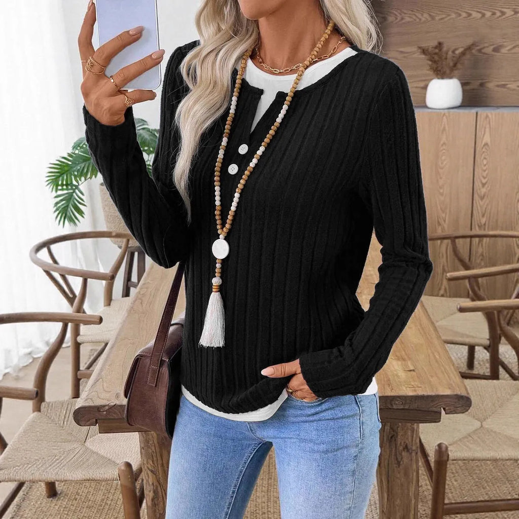 Women's fake two-piece round neck button pullover sweater with concave stripe fabric