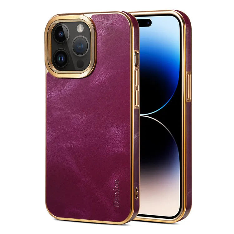 Handmade leather phone case with German technology showing slim design and precise button openings