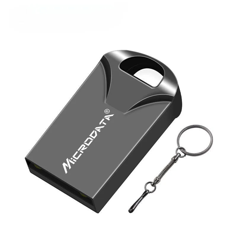 Silver car-shaped metal USB drive on a necklace chain, shown next to a black version.