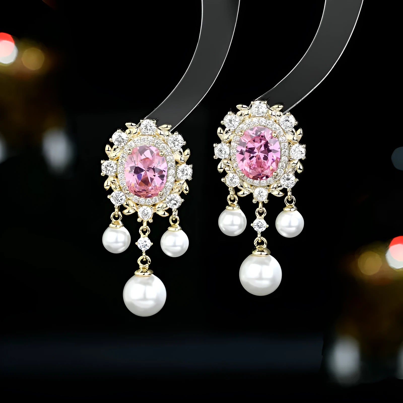 Oval geometric pearl tassel earrings with zircon inlaid stones in light purple colour