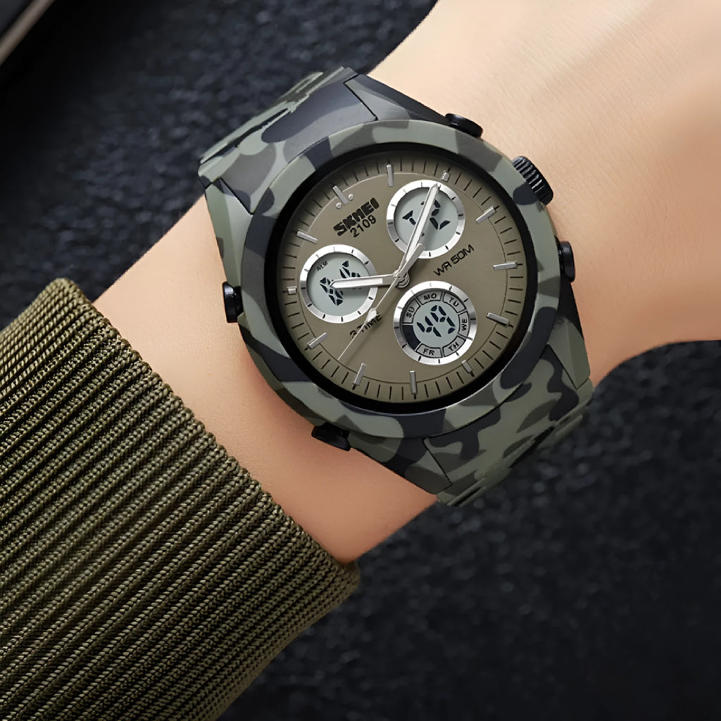 Unisex electronic casual watch with ABS case and TPU strap, shown in Army Green camouflage colour.