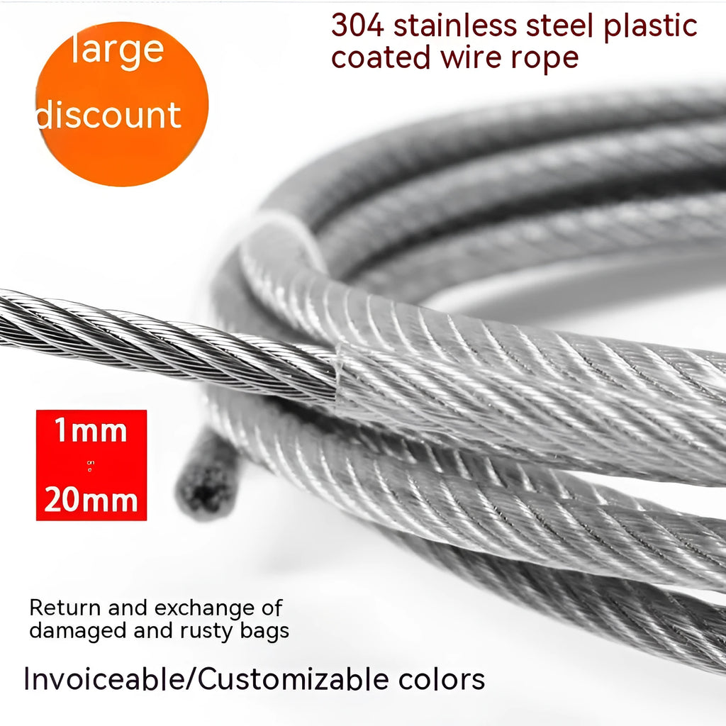 304 stainless steel nylon-coated security wire rope showing different diameter options for anti-theft protection