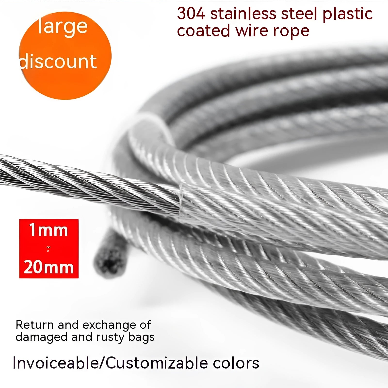 304 stainless steel nylon-coated security wire rope showing different diameter options for anti-theft protection