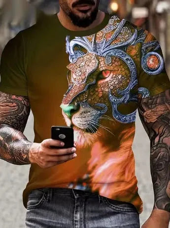 Men's grey t-shirt with a fierce 3D lion head graphic print on the front.