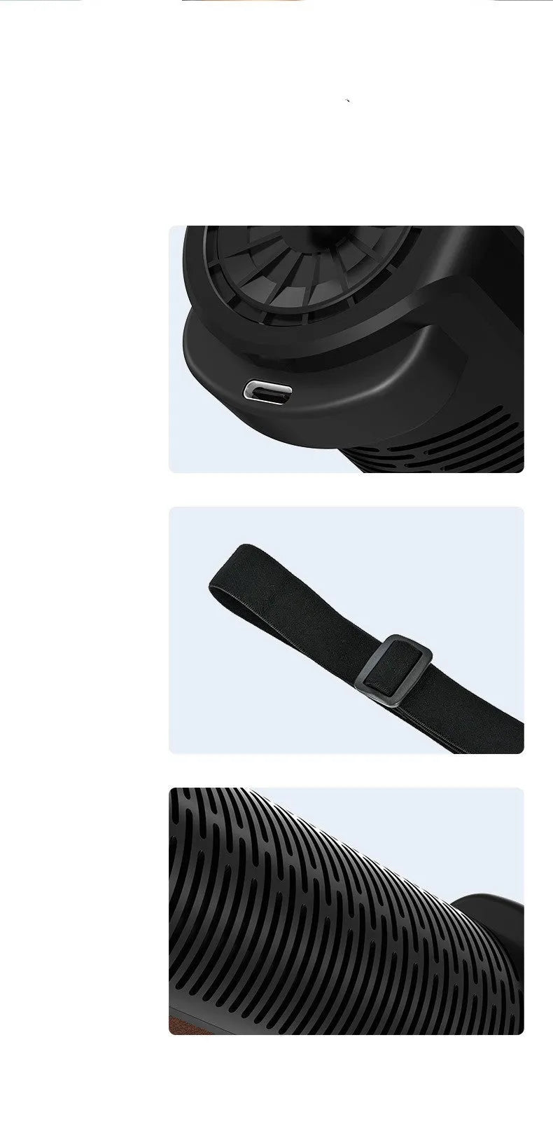 Black bladeless car fan with USB power cord and three speed settings