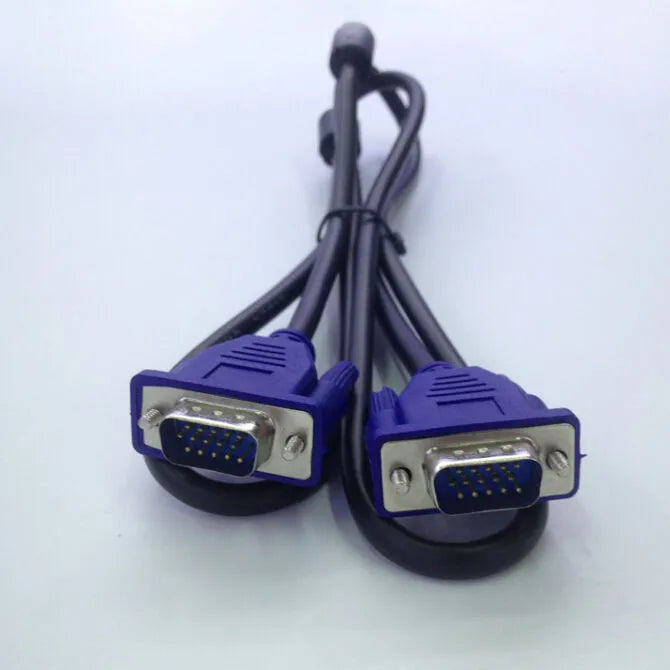 Black 1.5 metre VGA cable with nickel-plated connectors and blue mould strain relief