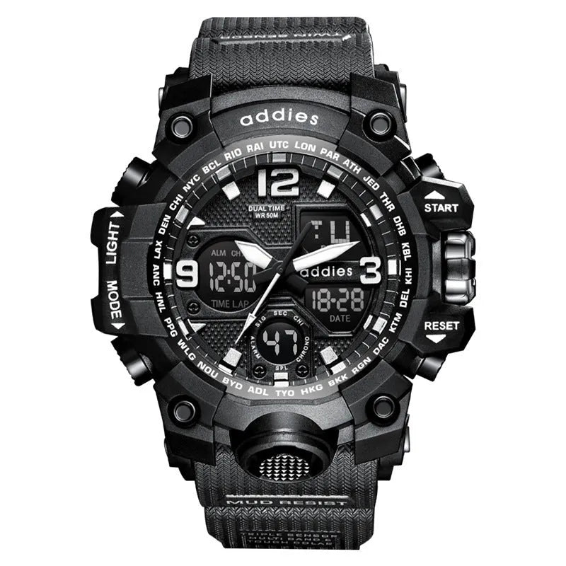 Men's electronic sports watch with dual analogue and digital display, plastic case and strap, water resistant to 50 metres