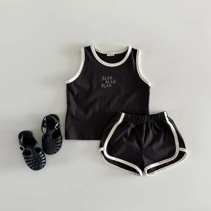 Children's cotton sports vest and shorts set in green or brown, two-piece outfit, sizes 80cm to 130cm.
