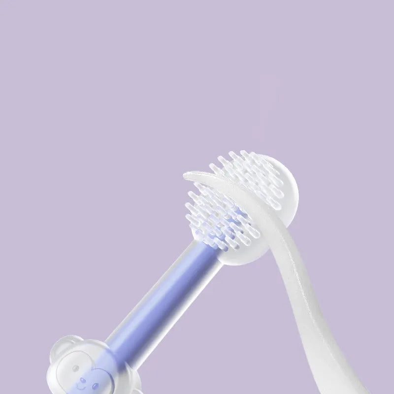 Purple silicone toothbrush for cleaning dog and cat teeth.