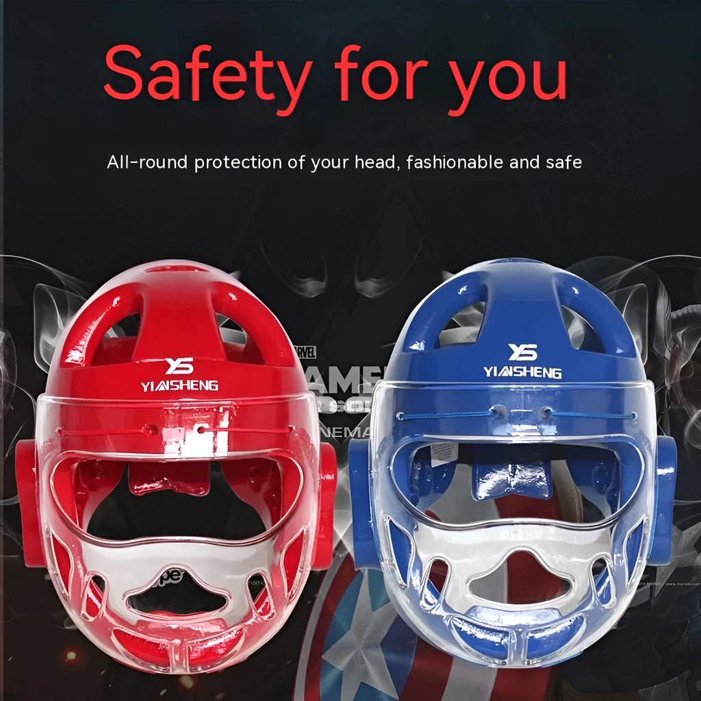 Karate helmet protective equipment for boxing in blue, red, or white colours with S, M, L, XL sizing options