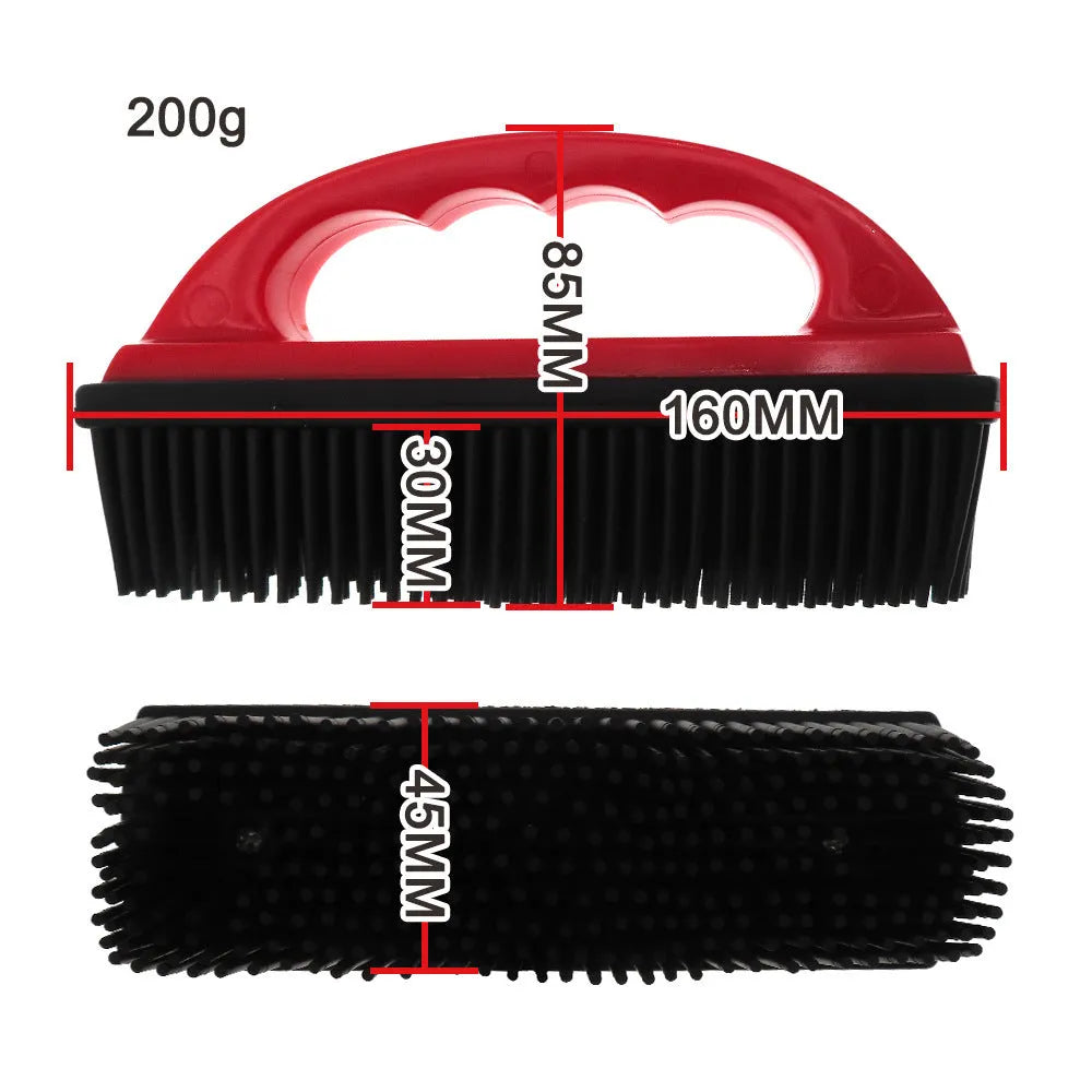 Red pet bath massage brush measuring 160mm by 85mm with multifunctional carpet cleaning capability