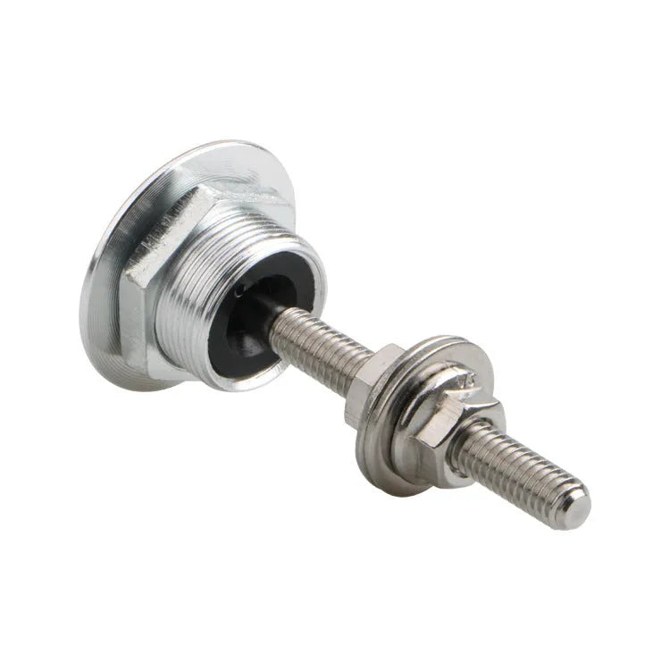 30mm diameter aluminium engine cover lock with steel screw in silver finish on a dark background.