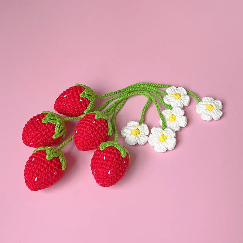 Wool crochet strawberry pendant necklace in pink or red colour with 35cm chain length