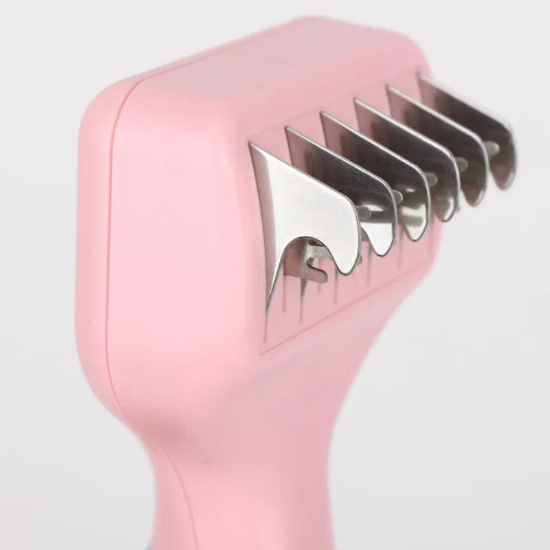 Pet grooming comb with stainless steel knot knife teeth and pink handle for detangling matted fur