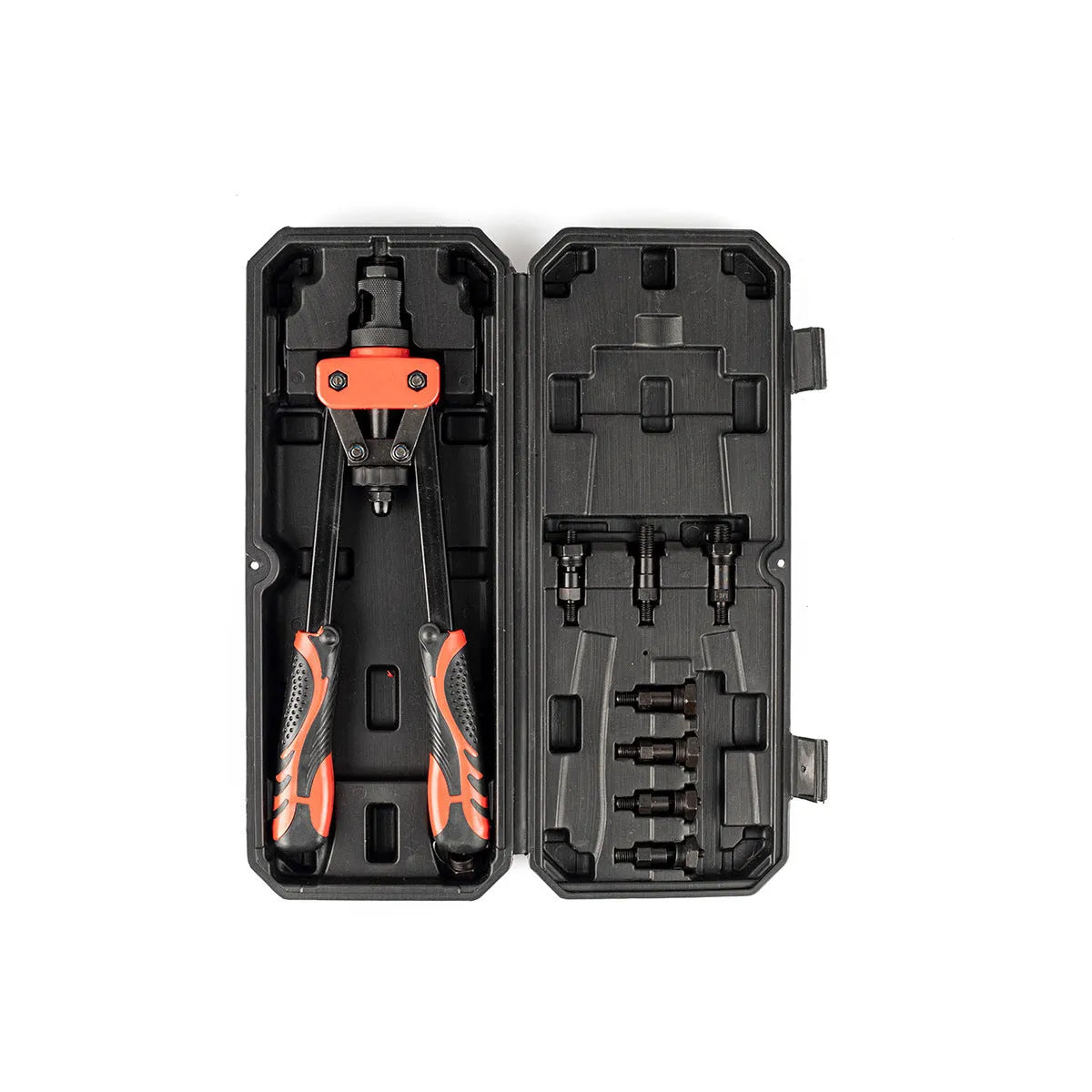 CQ14 14-inch alloy pull-setter riveter tool with six nose pieces for M3 to M10 rivet nuts.