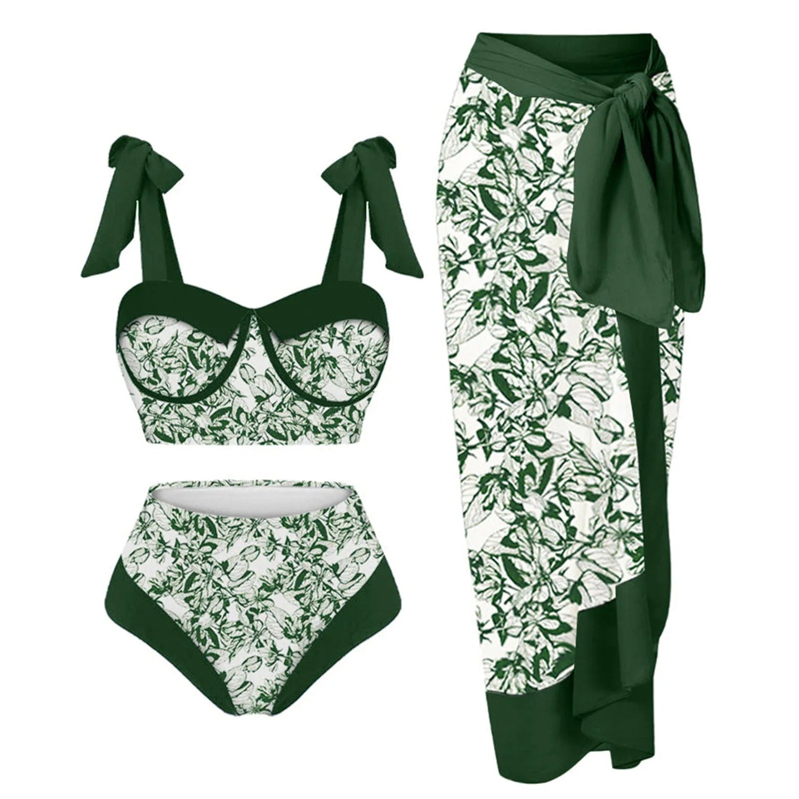 Women's printing pattern three-piece swimsuit set in polyester with skirt, bra and panties