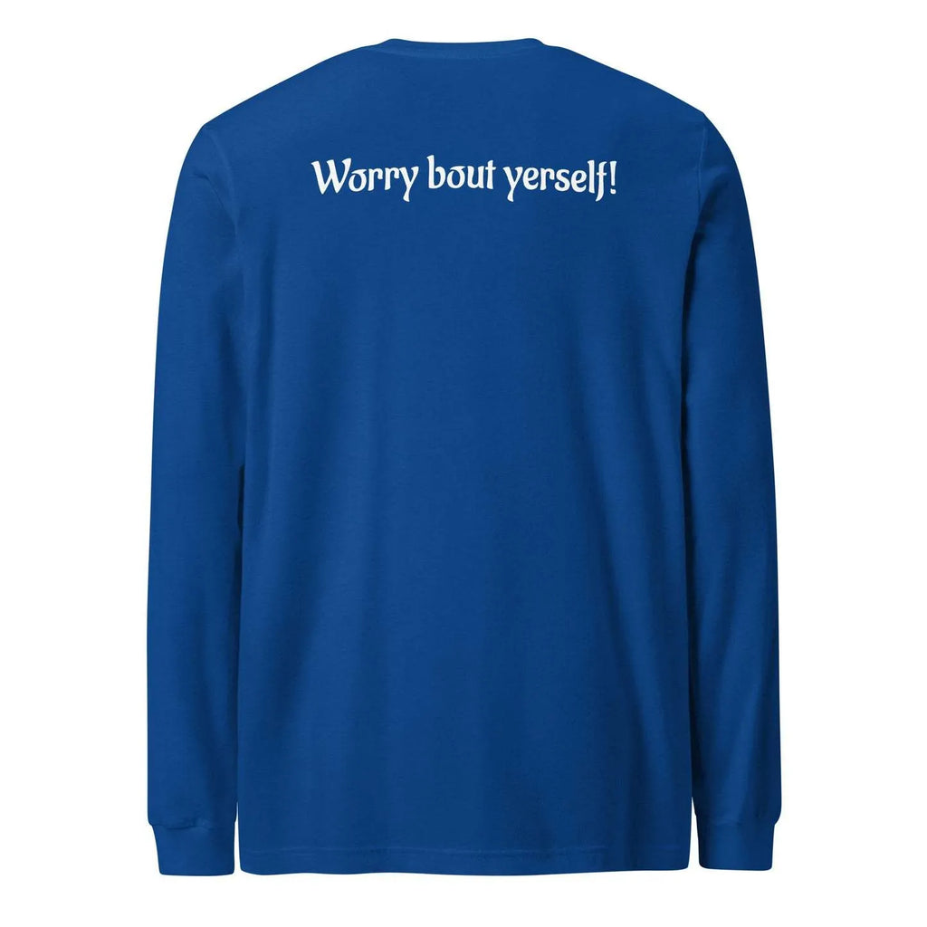 Men's blue loose casual sweater with printed letter patterns and round neck
